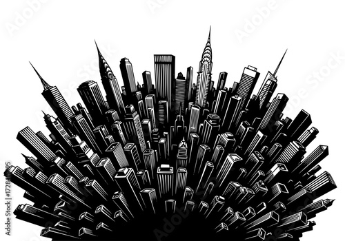 Vector art of surreal black and white illustration of city skyline forming a spherical shape