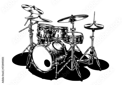 Vector art of black and white line art illustration of a fivepiece drum set with cymbals and hardware
