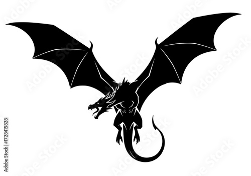 Vector art of majestic black dragon silhouette with spread wings and claws