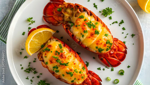 Delicious baked lobster tails topped with melted cheese and fresh herbs