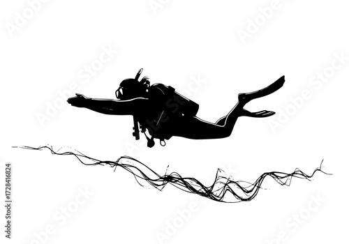 Vector art of silhouette of scuba diver swimming underwater with snorkel and fins