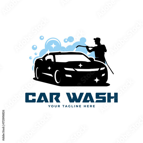 car wash logo design with vehicle silhouette and blue water bubbles
