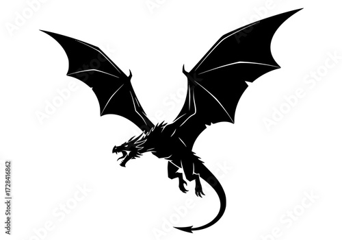 Vector art of silhouette of mythical dragon with spread wings