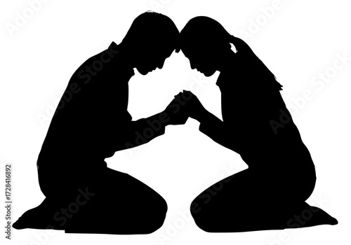 Vector art of silhouette of two people kneeling and praying together in unity and reflection