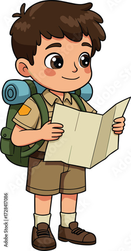 Cartoon scout boy reading map with backpack and camping gear, young hiker explorer planning outdoor forest adventure travel illustration
