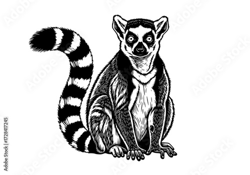 Vector art of black and white illustration of a ringtailed lemur sitting