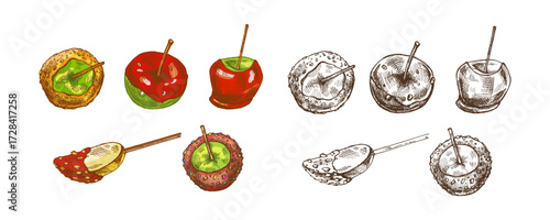 Hand drawn vintage sketch set of caramel apple and slice with nut and sprinkle topping, monochrome and color