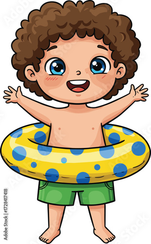 Happy cartoon boy with curly hair, wearing green shorts, smiling child character illustration with yellow inflatable swim ring for summer vacation fun