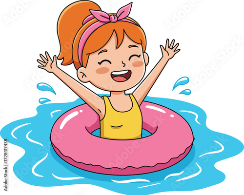 Happy cartoon girl swimming in pool with pink float ring, summer fun water play, cheerful child splashing outdoors vacation enjoyment