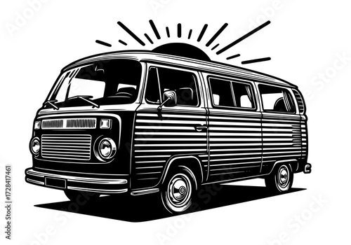 Vector art of vintage black and white illustration of classic volkswagen camper van with sunburst design