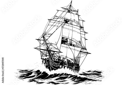 Vector art of vintage blackandwhite illustration of a classic tall sailing ship with multiple masts on rough seas
