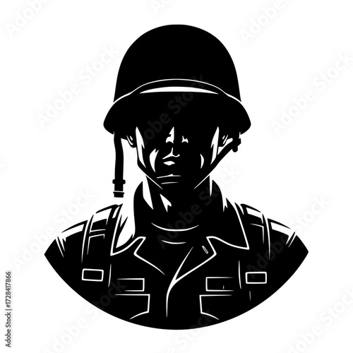 Vector art of black silhouette of soldier wearing helmet and military uniform in profile view