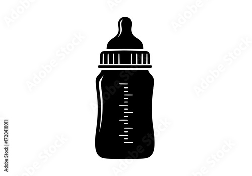 Vector art of black and white baby bottle icon with measurement markings