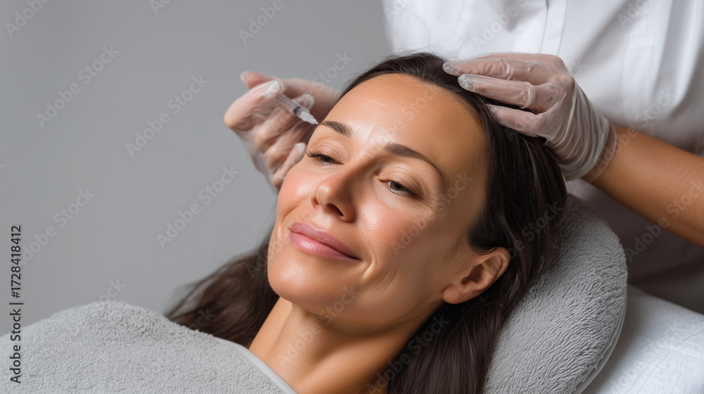 Naklejka premium Close-up of cosmetologist performing mesotherapy injection on female face, aesthetic anti-aging treatment mesotherapy injection, anti-aging treatment, cosmetic procedure, skincare