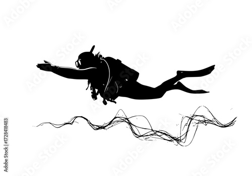 Vector art of silhouette of scuba diver swimming underwater