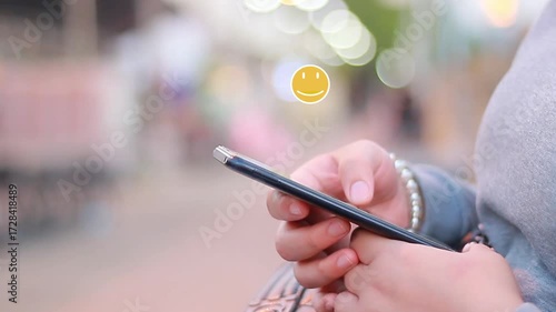 Young woman hand Holding, Using smart phone mobile with Social Media, Love, Like, Follow and Comment concept
