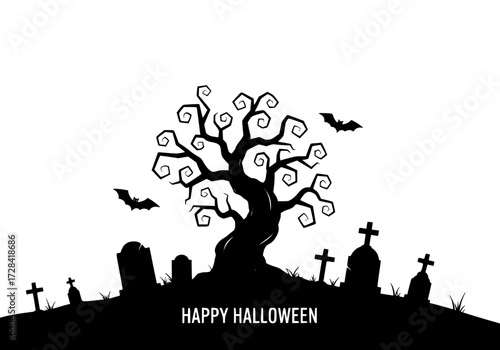 Vector art of spooky halloween tree silhouette with bats and graveyard scene in black and white