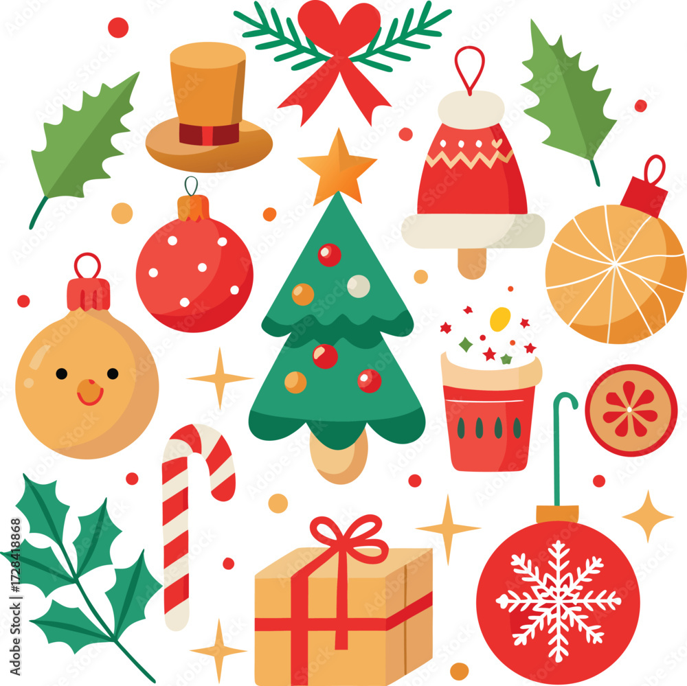 Fototapeta premium Vector art of a festive collection of christmas and holiday elements, including a decorated christmas tree, ornaments, gifts, candy canes, and holly, all isolated on a