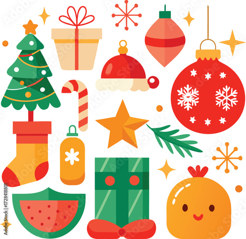 Vector art of a vibrant assortment of christmas and holiday icons, featuring a christmas tree, gift boxes, ornaments, a candy cane, and a cute chick character, all isolated on a