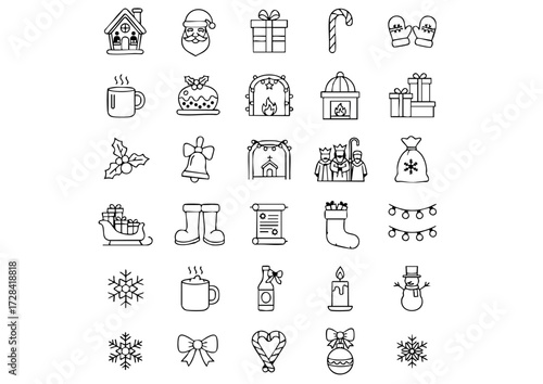 Merry & Bright: Black and White Christmas Vector Icons, Ultimate Collection of Holiday Season Line Art Icons, Black & White Christmas Eve and Day Icon Pack
