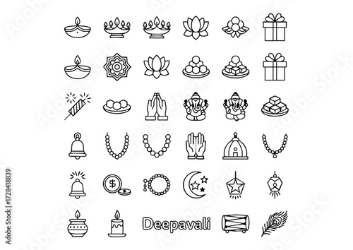 Diwali Festival: Black and White Vector Icons, Ultimate Collection of Deepavali Line Art Symbols, Black & White Icons for the Festival of Lights