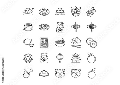 Chinese New Year Celebration Icons, Festive Lunar New Year Symbol Set, Traditional Chinese Festival Elements