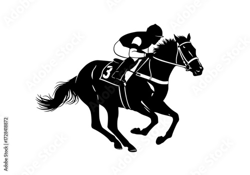 Vector art of black silhouette of jockey riding galloping horse