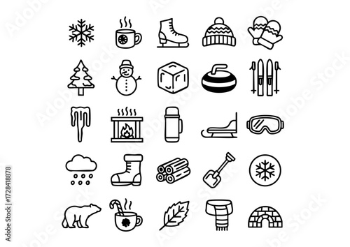 Winter Essentials Icon Set, Cozy Winter and Snow Activities, Seasonal Winter Symbols Collection