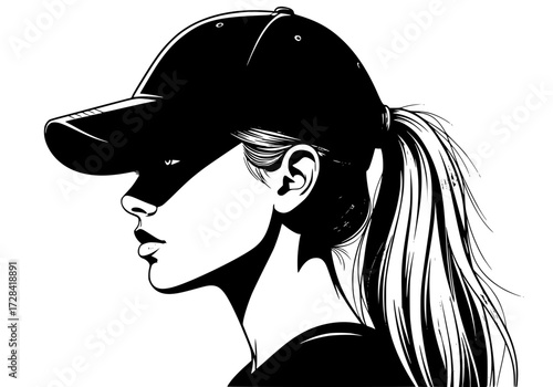 Vector art of stylish black and white illustration of woman wearing cap and ponytail in profile view