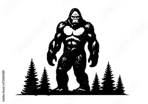Vector art of mysterious sasquatch silhouette standing among tall pine trees in forest
