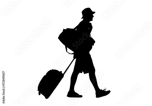 Vector art of silhouette of traveler with suitcase and backpack walking