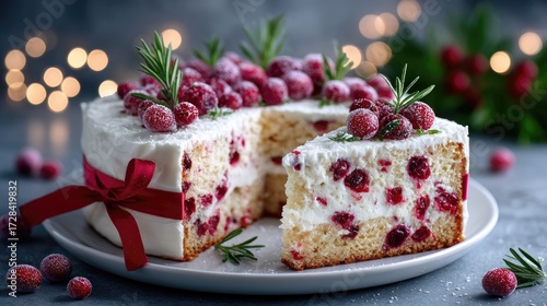 Festive Christmas Cake with Cranberries Red Ribbon and Snowy Sprinkles Plated on Gray Backdrop with Bokeh Lights