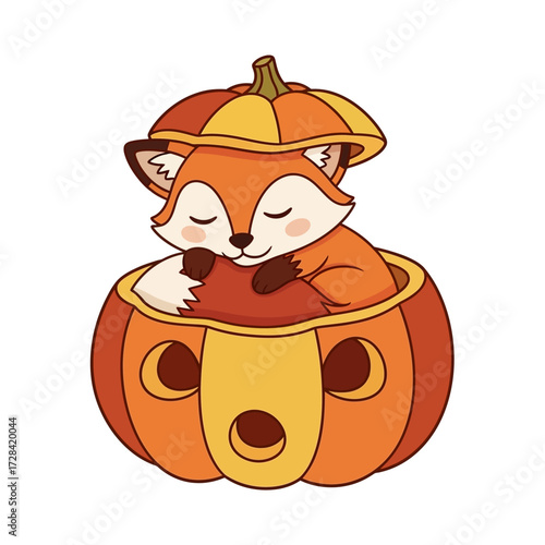A cute cartoon fox sleeping peacefully inside a carved Halloween pumpkin.