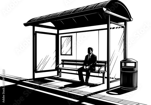 Vector art of lone man waiting at bus stop shelter in black and white illustration