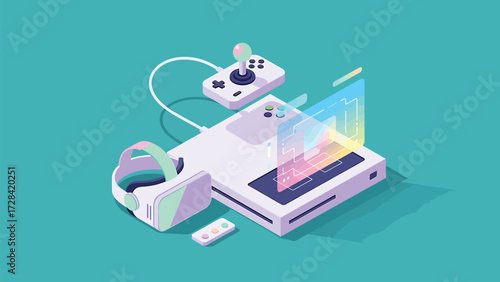 Isometric Gaming Setup Vector Illustration with VR Headset, Joystick, and Holographic Display in Pastel Tones