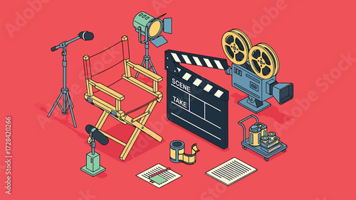 Isometric Film Production Vector Illustration: Essential Movie Making Equipment Set on a Vibrant Red Background