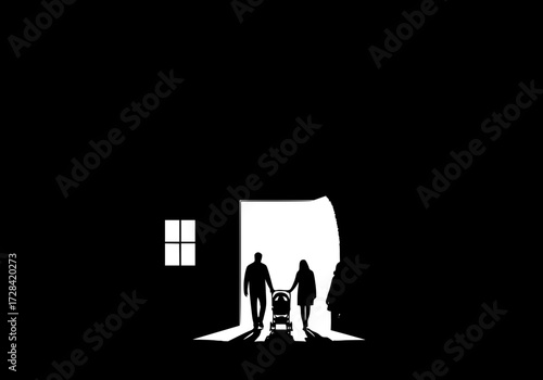 Vector art of silhouettes of three people walking in front of a small house at night with minimal lighting