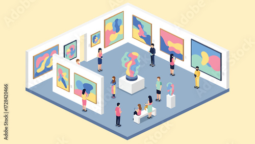 Isometric Art Gallery Exhibition with Abstract Paintings and Sculptures - Vector Illustration of People Viewing Art