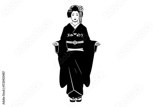 Vector art of traditional japanese geisha in kimono holding open sleeves, black and white illustration