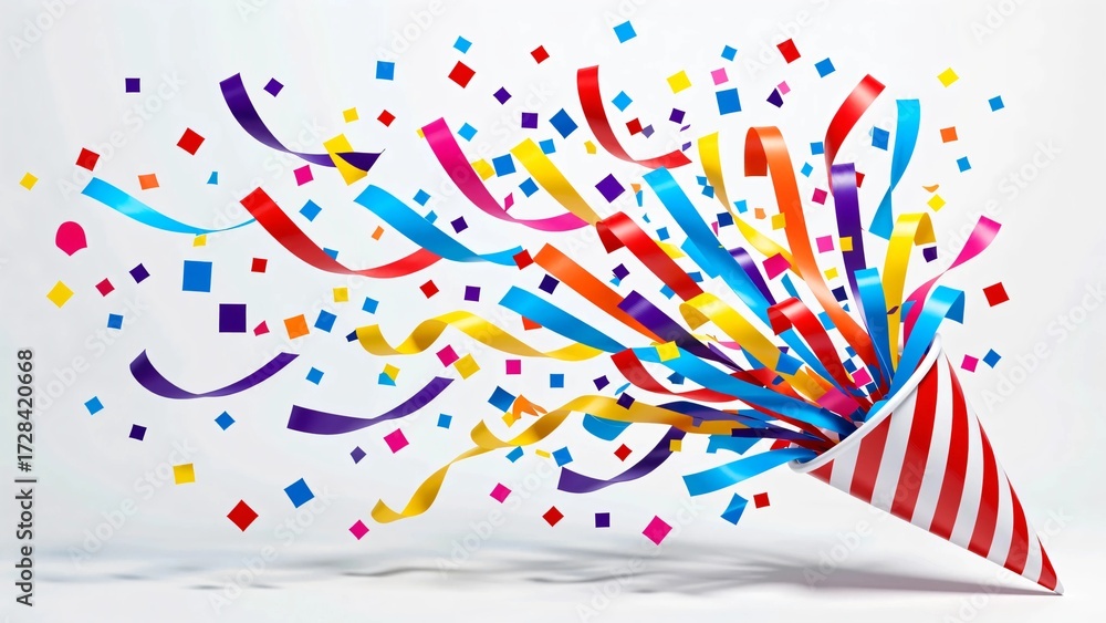 Obraz premium Colorful Party Popper with Flying Confetti and Streamers Creating Fun Celebration Background for Birthday or Event