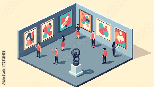 Isometric Vector Illustration of an Art Gallery with Abstract Paintings and Engaged Visitors