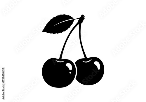 Vector art of pair of black cherries with green leaves and stem