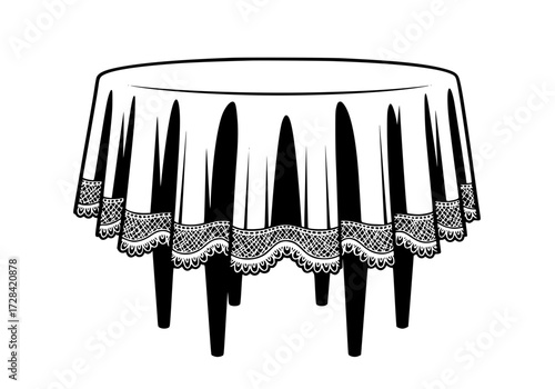 Vector art of elegant black table with scalloped tablecloth and wine glasses