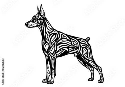 Vector art of intricate tribal pattern dog illustration with pointed ears and muscular build