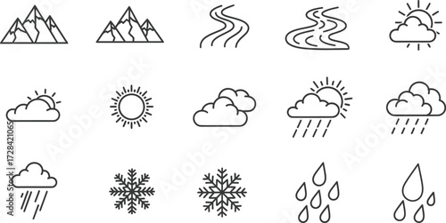Hand-drawn weather icons collection featuring mountains clouds sun rain snow and wind symbols for forecasting