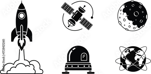 Space exploration icons set rocket satellite moon earth lunar lander set for cosmic projects