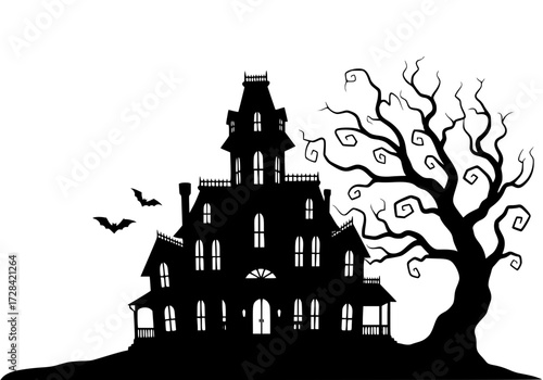 Vector art of haunted house silhouette with bats and tree for spooky halloween decor