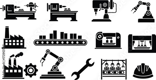 Industrial manufacturing icons set featuring machinery factory automation and tools
