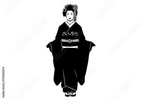 Vector art of traditional geisha in kimono standing gracefully