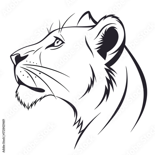 Black and white illustration of a lioness's head in profile, showcasing intricate details.